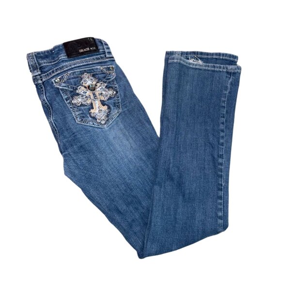 GRACE Size 28 Dark Blue Bootcut Jeans Low Rise Embellished Pockets Medium Blue - Picture 1 of 13